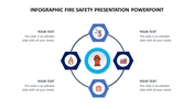 Fire safety diagram with hydrant icon, surrounded by four hexagonal icons representing fire safety tools and equipment.