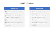 Bullet point slide design with two text boxes featuring blue headers and list style format.