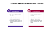 Situation analysis PPT slide featuring icons for industry research and firm capabilities with captions in two colored boxes.