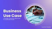 Business use case PPT with purple gradient design, charts, tables, and clear layouts for strategy and growth insights.