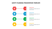 Safety planning layout with four hexagon icons in red, blue, green, and yellow and placeholders text areas.