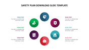 Safety-related icons, including a shield, checklist, and helmet, in a circular layout with captions areas.