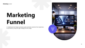 Marketing funnel template slides illustrating awareness, interest, consideration, conversion, optimization, and performance.