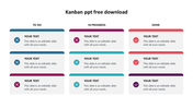 Kanban workflow template with three columns, each containing tasks marked with check and cross icons for progress tracking.