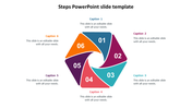 PowerPoint template featuring a six step spiral diagram with colorful sections and captions on a white backdrop.