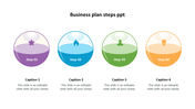 PowerPoint slide with four colorful bubbles representing steps in a business plan with captions on a white backdrop.