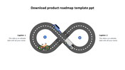 Infinity loop road with dotted lines, featuring a bicycle, car, and truck, with numbered points for roadmap stages.