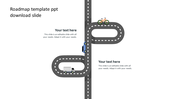 Roadmap PowerPoint slide featuring vehicles and road segments with placeholder text on a white backdrop.