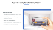 Augmented reality concept with a hand holding a smartphone displaying a living room with caption areas.