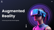 Augmented Reality PowerPoint Slide with dark purple theme, headset visuals, icons, shapes and structured text slides.