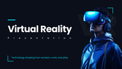 Virtual Reality PPT template covering VR concepts, hardware, applications, trends, and immersive experiences.