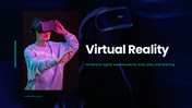 The Virtual Reality presentation with VR headset, dark color theme, and slides on uses, benefits, and technology.
