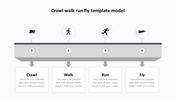 Crawl, walk, run, fly PowerPoint template showing sequential growth stages with visual icons and descriptive text areas.