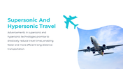 Slide with an airplane flying upward under blue skies, a teal airplane icon, and text, se against a white background.
