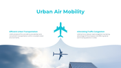 Slide with teal airplane icon, text on both sides, and a plane flying above a city skyline under a cloudy sky below.