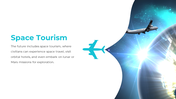 White background with a teal airplane icon and an image of Earth and a plane flying through a starry space scene on right.