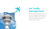 White background with text on right, teal airplane icon above, and a tall control tower against a cloudy sky on left.