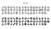 Slide featuring two sections of black outlined and solid filled icons, under teal title, set against a white background.