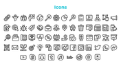 Slide featuring black outlined icons of various objects, people, and symbols organized in five rows, under bold teal title.