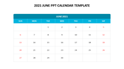 June 2021 calendar with a blue title bar and red marked weekends for easy reference, on a white backdrop.