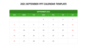 Green and white PowerPoint slide featuring a 2021 September calendar with highlighted dates on a white backdrop.