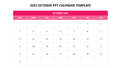 Monthly calendar template showing October 2021 with white background, pink highlights, and weekend dates in red.