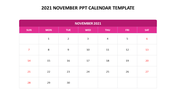 November 2021 calendar template with a pink header, and sundays and saturdays highlighted in red.