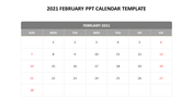 February 2021 calendar slide layout with Sundays and Saturdays highlighted in red.