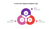Colorful 3 circle Venn diagram PowerPoint template with sections labeled A, B, and C with captions on a white backdrop.