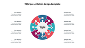 TQM infographic showing a central white circle surrounded by eight numbered jigsaw pieces forming a ring.