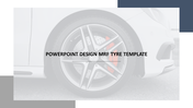 MRF car tyre and wheel design with bold typography overlay on a minimalist blurred background.