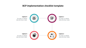 BCP implementation infographic featuring four circular icons in a square layout with caption areas beside each.