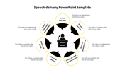 Diagram outlining key tips for effective speech delivery in a PowerPoint template, featuring a central figure at a podium.