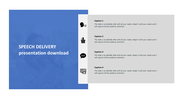 Speech delivery  slide with a blue overlay title section representing concepts and caption list with icons on the right.