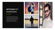 Split layout with a dark section containing text and three stacked photos of individuals showing different attitude poses.