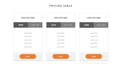 Minimalist pricing table layout with three white panels showing yearly prices,  feature lists, and plan selection buttons.