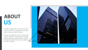 About Us PowerPoint slide featuring a skyscraper with a blue border background and placeholder text on a white theme.