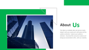 About Us layout with a dark blue skyscraper image, overlapping green design blocks, and a right text section on white.
