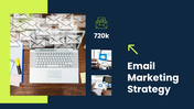 The Email Marketing Strategy presentation with laptop, email icons, blue-green theme, text boxes and visuals.