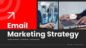 Email marketing strategy model with red black theme, email icons, charts, funnel, and structured text blocks.