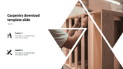 Carpentry PowerPoint slide with an image of woodworking and construction tools with captions on a white theme.