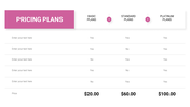 Pricing table comparing basic, standard, and platinum plans with features and detailed prices listed below.