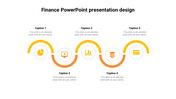 Finance slide with a wavy yellow and orange line connecting five circular icons, each with captions and descriptions.