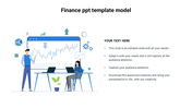 A finance PowerPoint template with a graph on a laptop screen and a person presenting data to another person at a desk.