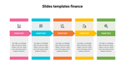Finance slide with five vertical rectangular sections in pink, blue, orange, yellow, and green, each with icons and text.