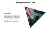 Fitness market PowerPoint slide with an image of a person lifting weights and placeholder text on a white backdrop.
