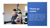 Slide design with photo of a man exercising at the gym and a bold blue box with fitness placeholder content on the right.