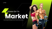 Fitness Go Market slides with gym models, charts, icons, black green theme, clear text holders.