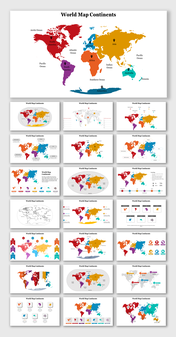 World map PowerPoint slides highlighting continents and oceans with color coded sections.