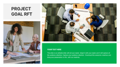 Professional slide showing teamwork photos and a green placeholder text area for project information.